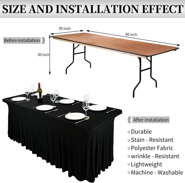 6FT/8FT Spandex Table Skirt Fitted White Stretch Tablecloth,One-Piece Wrinkle-Resistant Ruffles Design Installs in Seconds,Perfect for Rectangle Tables Banquets Parties Wedding Thanksgiving