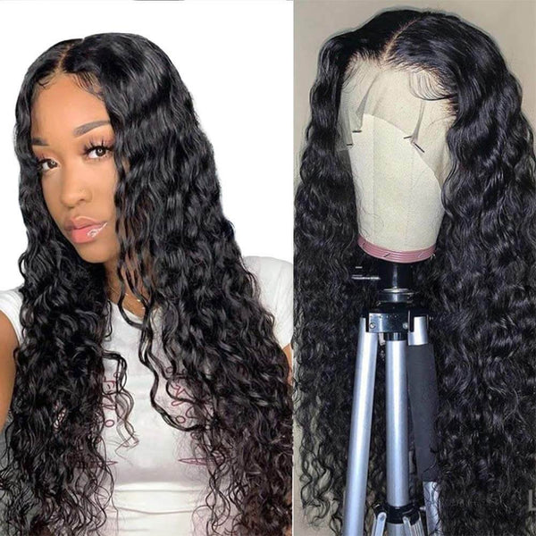 Water Wave T Part Lace Human Hair Glueless Wig Natural Black